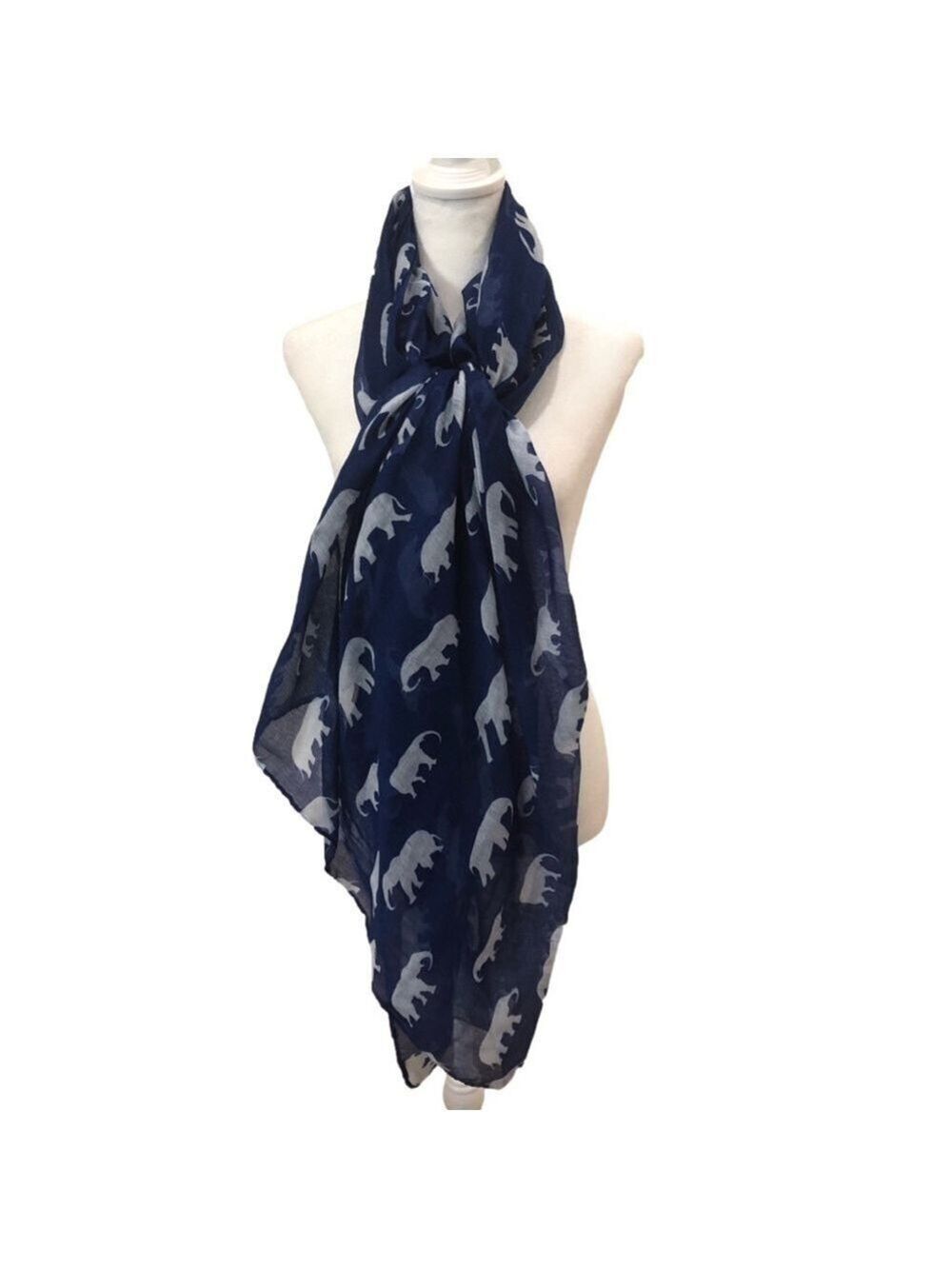 WRAP/SCARF. Blue background with elephant print. Rectangle 35”x72”